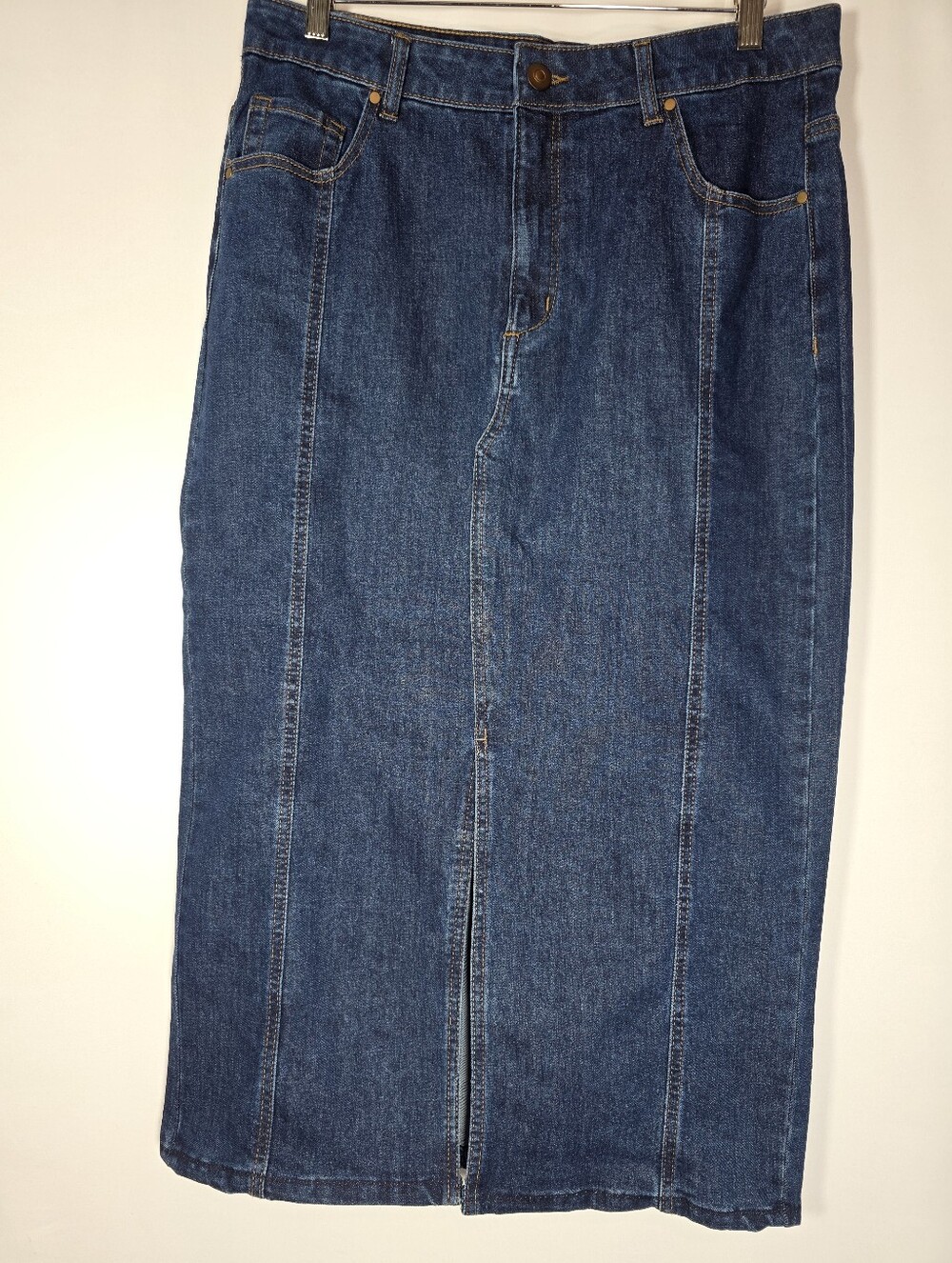 RAHEL ZOE Denim Midi Skirt Front Slit‎ Stretch Dark Wash Size 12